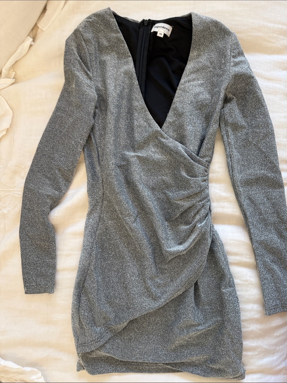 superdown Metallic Gray Ruched Wrap Long Sleeve Dress